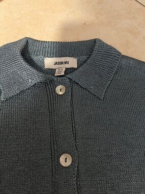 Jason Wu Collared Knit Polo Cardigan in Slate Blue-Grey
